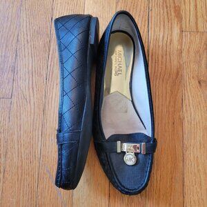 Michael Kors 9M Black Leather Loafers Gold Charm Logo HAMILTON Moc Toe